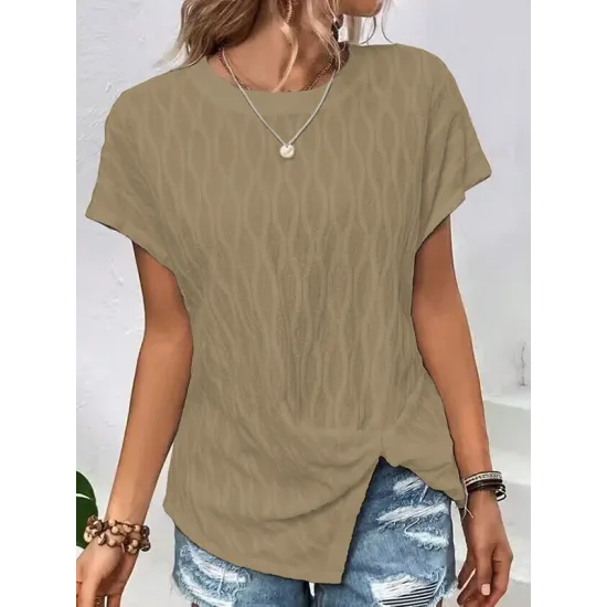 Jacquard Solid Color Split-Front Batwing Sleeves Loose Round-Neck T-Shirts Tops Jacquard Solid Color Split-Front Batwing Sleeves Loose Round-Neck T-Shirts Tops