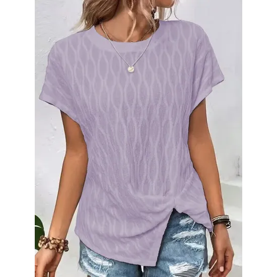 Jacquard Solid Color Split-Front Batwing Sleeves Loose Round-Neck T-Shirts Tops Jacquard Solid Color Split-Front Batwing Sleeves Loose Round-Neck T-Shirts Tops