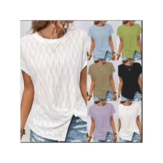 Jacquard Solid Color Split-Front Batwing Sleeves Loose Round-Neck T-Shirts Tops Jacquard Solid Color Split-Front Batwing Sleeves Loose Round-Neck T-Shirts Tops