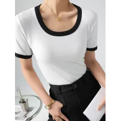 Contrast Color Short Sleeves Skinny Round-Neck T-Shirts