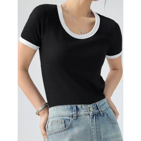 Contrast Color Short Sleeves Skinny Round-Neck T-Shirts Contrast Color Short Sleeves Skinny Round-Neck T-Shirts