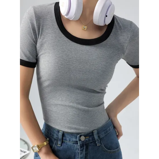 Contrast Color Short Sleeves Skinny Round-Neck T-Shirts Contrast Color Short Sleeves Skinny Round-Neck T-Shirts