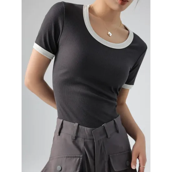 Contrast Color Short Sleeves Skinny Round-Neck T-Shirts Contrast Color Short Sleeves Skinny Round-Neck T-Shirts