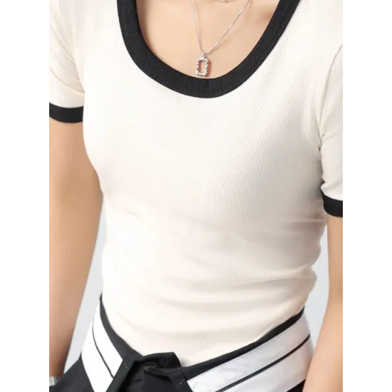 Contrast Color Short Sleeves Skinny Round-Neck T-Shirts Contrast Color Short Sleeves Skinny Round-Neck T-Shirts