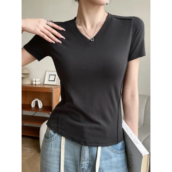 Solid Color Split-Joint Short Sleeves Skinny V-Neck T-Shirts Solid Color Split-Joint Short Sleeves Skinny V-Neck T-Shirts
