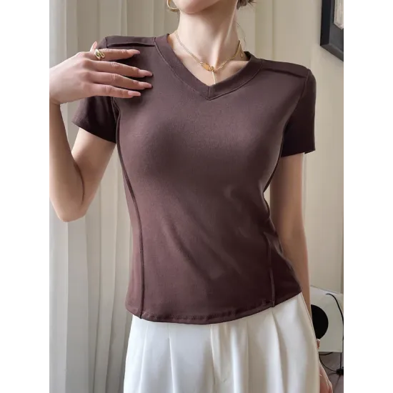Solid Color Split-Joint Short Sleeves Skinny V-Neck T-Shirts Solid Color Split-Joint Short Sleeves Skinny V-Neck T-Shirts