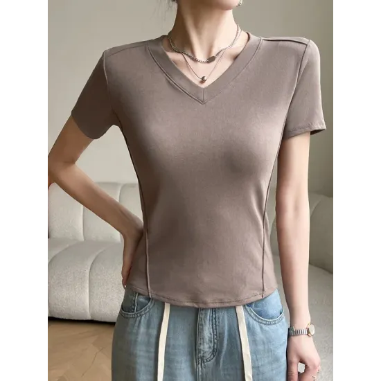 Solid Color Split-Joint Short Sleeves Skinny V-Neck T-Shirts Solid Color Split-Joint Short Sleeves Skinny V-Neck T-Shirts