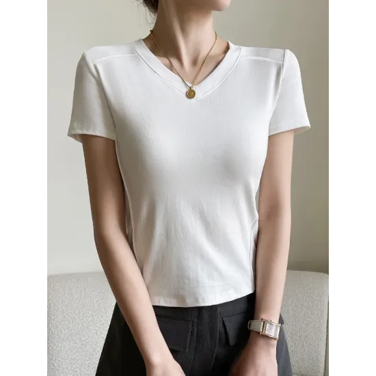Solid Color Split-Joint Short Sleeves Skinny V-Neck T-Shirts Solid Color Split-Joint Short Sleeves Skinny V-Neck T-Shirts