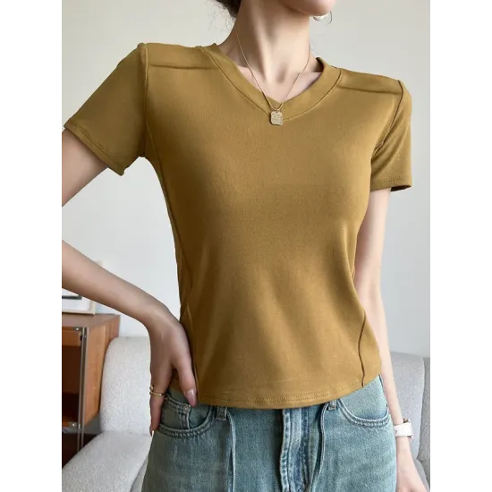 Solid Color Split-Joint Short Sleeves Skinny V-Neck T-Shirts Solid Color Split-Joint Short Sleeves Skinny V-Neck T-Shirts