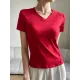 Solid Color Split-Joint Short Sleeves Skinny V-Neck T-Shirts Solid Color Split-Joint Short Sleeves Skinny V-Neck T-Shirts