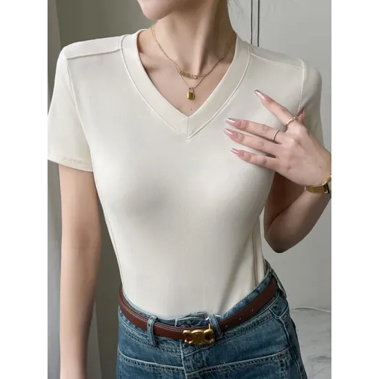 Solid Color Split-Joint Short Sleeves Skinny V-Neck T-Shirts Solid Color Split-Joint Short Sleeves Skinny V-Neck T-Shirts