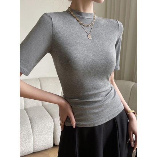 Solid Color Short Sleeves Skinny Round-Neck T-Shirts Solid Color Short Sleeves Skinny Round-Neck T-Shirts