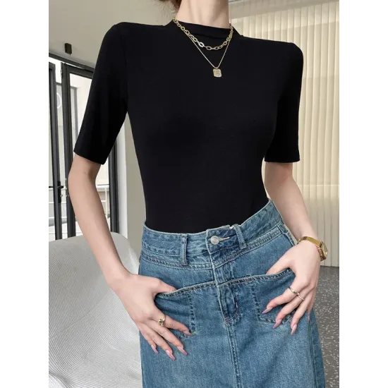 Solid Color Short Sleeves Skinny Round-Neck T-Shirts Solid Color Short Sleeves Skinny Round-Neck T-Shirts