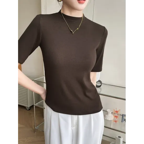 Solid Color Short Sleeves Skinny Round-Neck T-Shirts Solid Color Short Sleeves Skinny Round-Neck T-Shirts