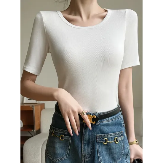 Solid Color Short Sleeves Skinny Round-Neck T-Shirts