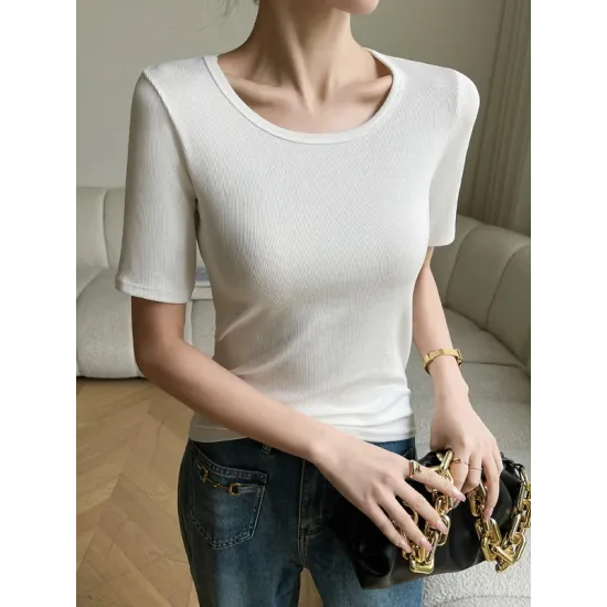 Solid Color Short Sleeves Skinny Round-Neck T-Shirts