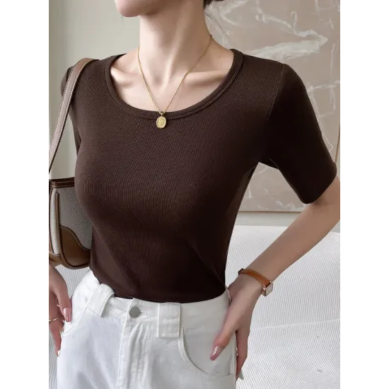Solid Color Short Sleeves Skinny Round-Neck T-Shirts