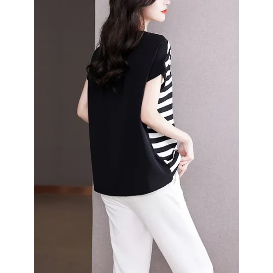 Contrast Color Striped Loose Plus Size Round-Neck T-Shirts Contrast Color Striped Loose Plus Size Round-Neck T-Shirts