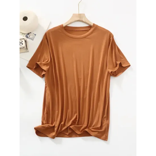 Solid Color Split-Joint Loose Short Sleeves Round-neck T-Shirts Tops Solid Color Split-Joint Loose Short Sleeves Round-neck T-Shirts Tops