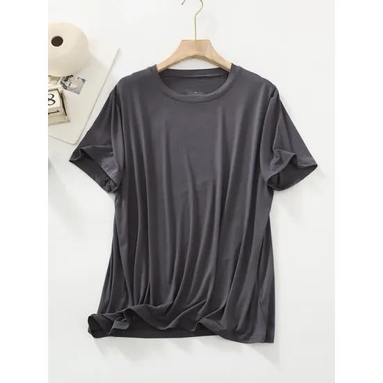 Solid Color Split-Joint Loose Short Sleeves Round-neck T-Shirts Tops Solid Color Split-Joint Loose Short Sleeves Round-neck T-Shirts Tops