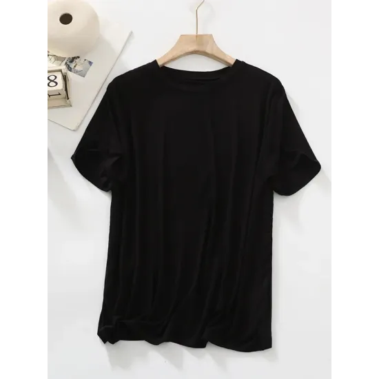Solid Color Split-Joint Loose Short Sleeves Round-neck T-Shirts Tops Solid Color Split-Joint Loose Short Sleeves Round-neck T-Shirts Tops