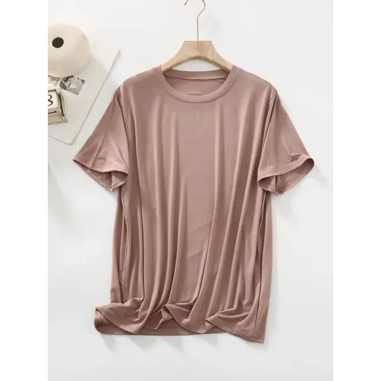 Solid Color Split-Joint Loose Short Sleeves Round-neck T-Shirts Tops Solid Color Split-Joint Loose Short Sleeves Round-neck T-Shirts Tops