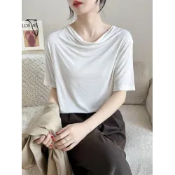Pleated Solid Color Short Sleeves Heaps Collar T-Shirts Tops
