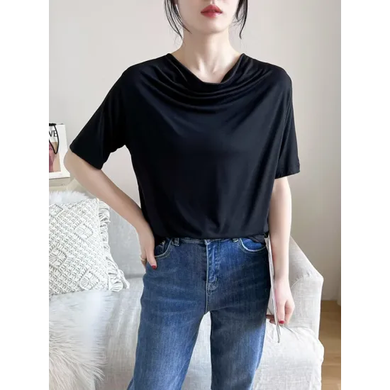 Pleated Solid Color Short Sleeves Heaps Collar T-Shirts Tops Pleated Solid Color Short Sleeves Heaps Collar T-Shirts Tops