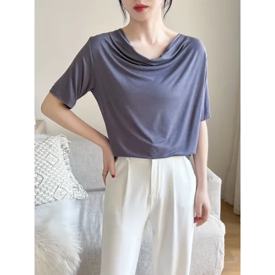 Pleated Solid Color Short Sleeves Heaps Collar T-Shirts Tops Pleated Solid Color Short Sleeves Heaps Collar T-Shirts Tops