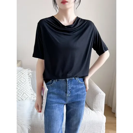 Pleated Solid Color Short Sleeves Heaps Collar T-Shirts Tops Pleated Solid Color Short Sleeves Heaps Collar T-Shirts Tops