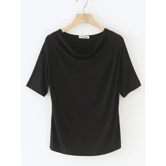 Pleated Solid Color Short Sleeves Heaps Collar T-Shirts Tops Pleated Solid Color Short Sleeves Heaps Collar T-Shirts Tops