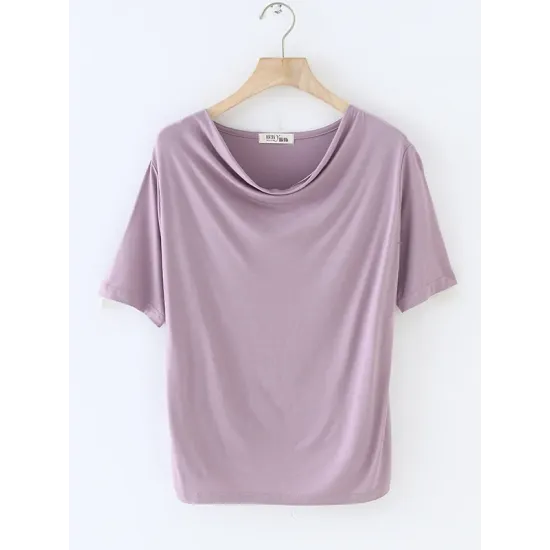 Pleated Solid Color Short Sleeves Heaps Collar T-Shirts Tops Pleated Solid Color Short Sleeves Heaps Collar T-Shirts Tops