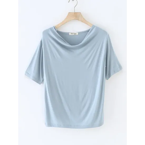 Pleated Solid Color Short Sleeves Heaps Collar T-Shirts Tops Pleated Solid Color Short Sleeves Heaps Collar T-Shirts Tops