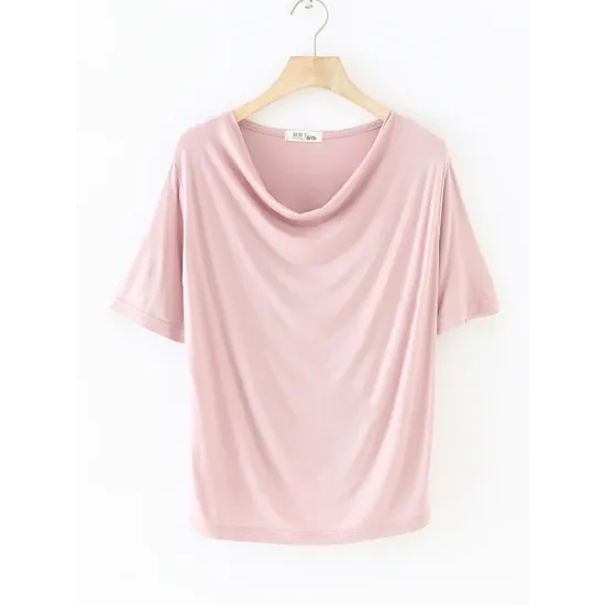 Pleated Solid Color Short Sleeves Heaps Collar T-Shirts Tops Pleated Solid Color Short Sleeves Heaps Collar T-Shirts Tops