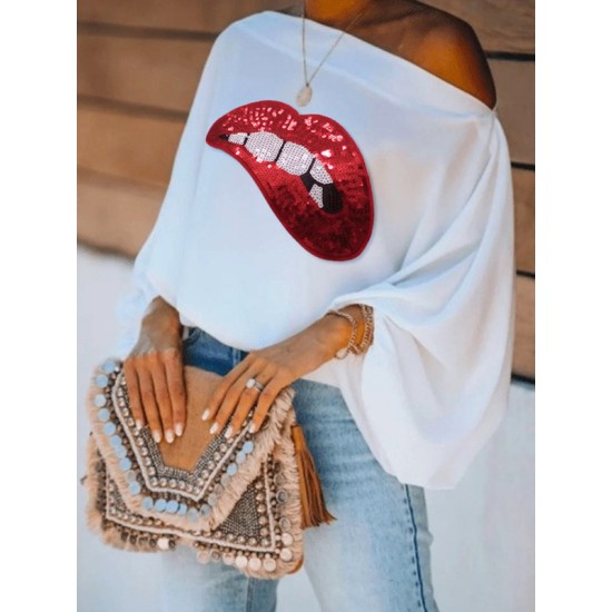 Loose Puff Sleeves Contrast Color Printed One-Shoulder T-Shirts Loose Puff Sleeves Contrast Color Printed One-Shoulder T-Shirts