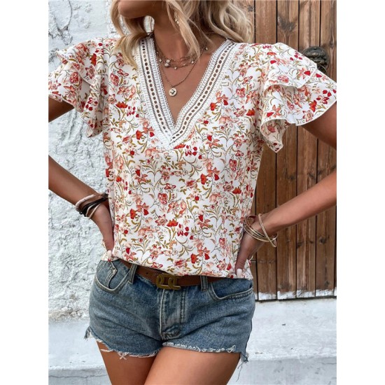 Falbala Floral Printed Split-Joint Loose Petal Sleeves V-Neck T-Shirts Tops Falbala Floral Printed Split-Joint Loose Petal Sleeves V-Neck T-Shirts Tops