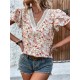 Falbala Floral Printed Split-Joint Loose Petal Sleeves V-Neck T-Shirts Tops Falbala Floral Printed Split-Joint Loose Petal Sleeves V-Neck T-Shirts Tops