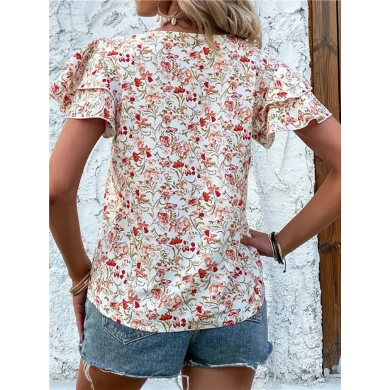 Falbala Floral Printed Split-Joint Loose Petal Sleeves V-Neck T-Shirts Tops Falbala Floral Printed Split-Joint Loose Petal Sleeves V-Neck T-Shirts Tops