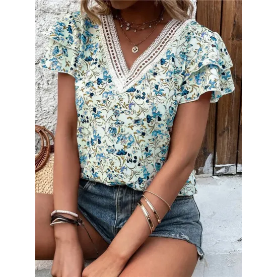 Falbala Floral Printed Split-Joint Loose Petal Sleeves V-Neck T-Shirts Tops Falbala Floral Printed Split-Joint Loose Petal Sleeves V-Neck T-Shirts Tops