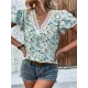 Falbala Floral Printed Split-Joint Loose Petal Sleeves V-Neck T-Shirts Tops Falbala Floral Printed Split-Joint Loose Petal Sleeves V-Neck T-Shirts Tops