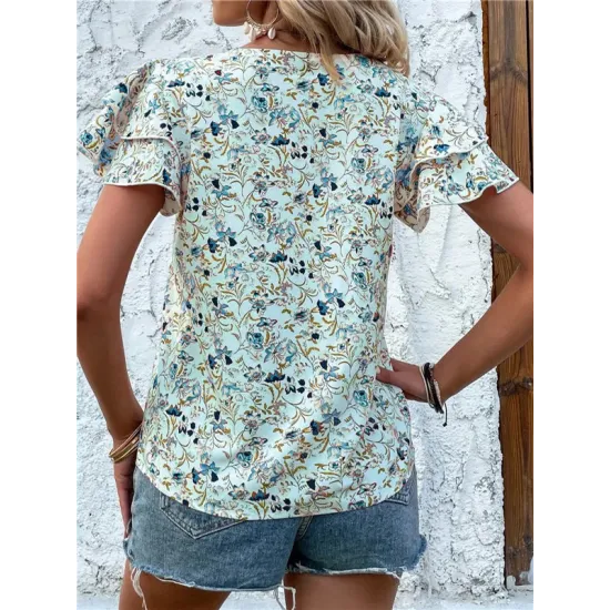 Falbala Floral Printed Split-Joint Loose Petal Sleeves V-Neck T-Shirts Tops Falbala Floral Printed Split-Joint Loose Petal Sleeves V-Neck T-Shirts Tops