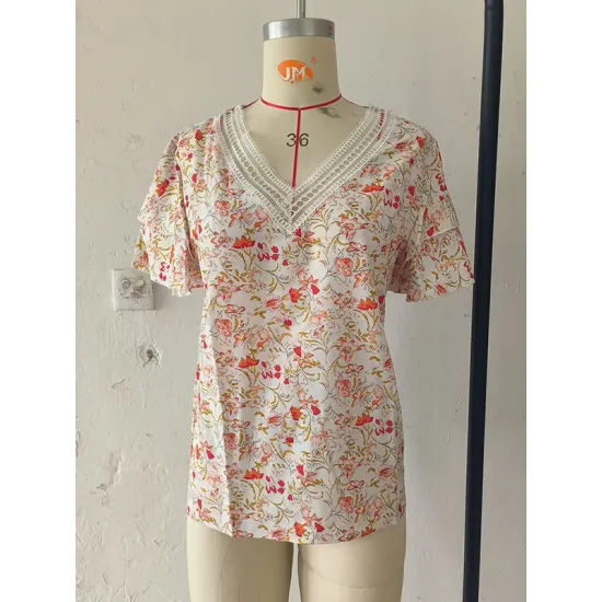 Falbala Floral Printed Split-Joint Loose Petal Sleeves V-Neck T-Shirts Tops Falbala Floral Printed Split-Joint Loose Petal Sleeves V-Neck T-Shirts Tops