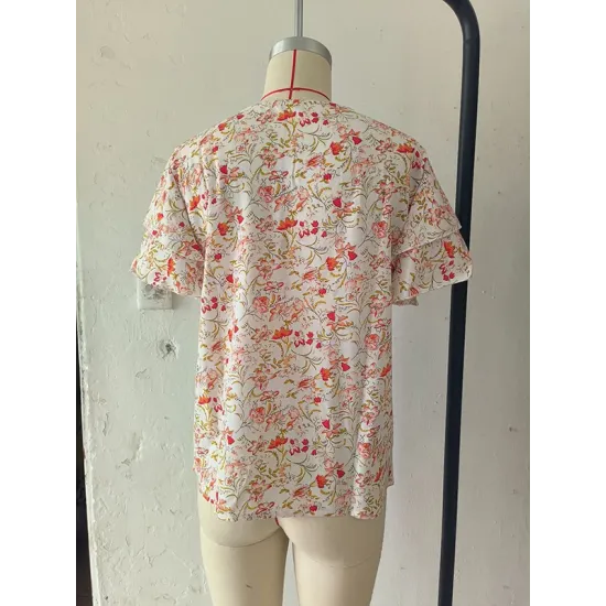 Falbala Floral Printed Split-Joint Loose Petal Sleeves V-Neck T-Shirts Tops Falbala Floral Printed Split-Joint Loose Petal Sleeves V-Neck T-Shirts Tops