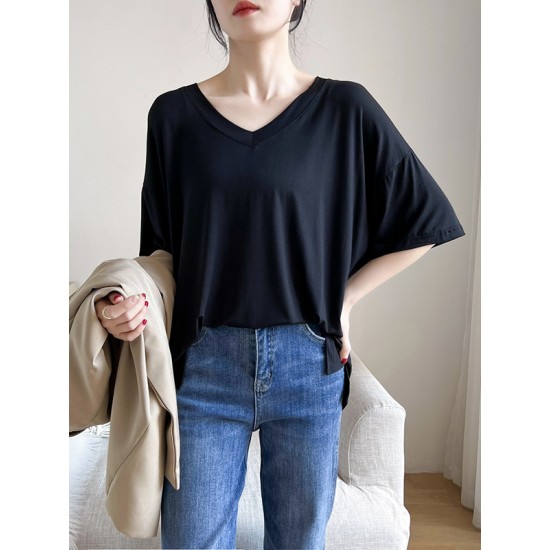 Solid Color Split-Joint Loose Short Sleeves V-neck T-Shirts Tops Solid Color Split-Joint Loose Short Sleeves V-neck T-Shirts Tops