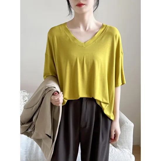 Solid Color Split-Joint Loose Short Sleeves V-neck T-Shirts Tops Solid Color Split-Joint Loose Short Sleeves V-neck T-Shirts Tops