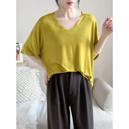 Solid Color Split-Joint Loose Short Sleeves V-neck T-Shirts Tops Solid Color Split-Joint Loose Short Sleeves V-neck T-Shirts Tops
