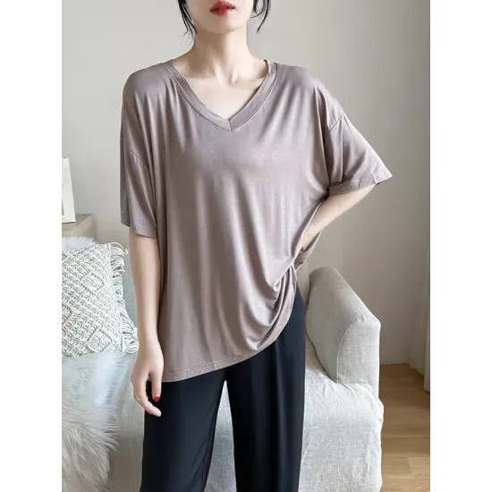 Solid Color Split-Joint Loose Short Sleeves V-neck T-Shirts Tops Solid Color Split-Joint Loose Short Sleeves V-neck T-Shirts Tops