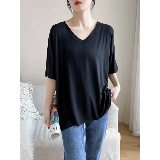 Solid Color Split-Joint Loose Short Sleeves V-neck T-Shirts Tops Solid Color Split-Joint Loose Short Sleeves V-neck T-Shirts Tops