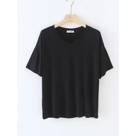 Solid Color Split-Joint Loose Short Sleeves V-neck T-Shirts Tops Solid Color Split-Joint Loose Short Sleeves V-neck T-Shirts Tops