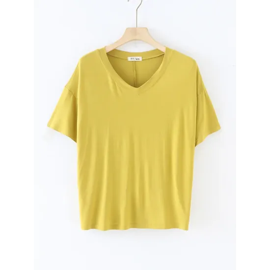 Solid Color Split-Joint Loose Short Sleeves V-neck T-Shirts Tops Solid Color Split-Joint Loose Short Sleeves V-neck T-Shirts Tops